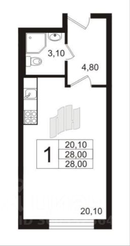 студия, 29 м², этаж 1