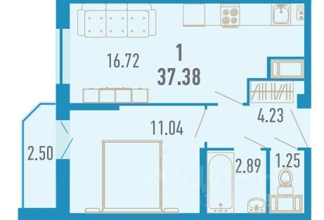 1-комн., 37,4 м², 11/17 этаж