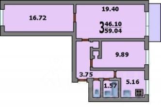 3-комн.кв., 59 м², этаж 1