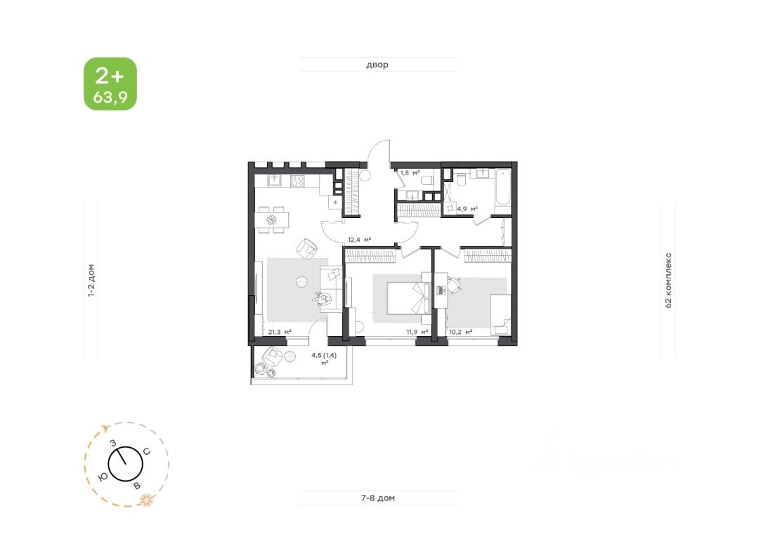 Продажа двухкомнатной квартиры 63,9м² ул. Вазила Мавликова, 3А, Набережные  Челны, Татарстан респ. - база ЦИАН, объявление 303250045