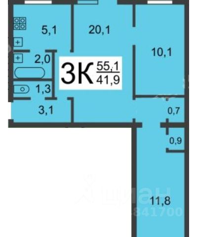 3-комн., 55,1 м², 5/6 этаж