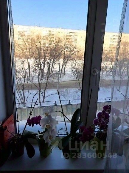 Вид из окна с цветами на подоконнике создает уютную атмосферу. На переднем плане расположены орхидеи разных оттенков, что добавляет яркие акценты в интерьер. Окно обрамлено легкой занавеской, пропускающей естественный свет. За окном виден городской пейзаж с деревьями и многоквартирными домами, что подчеркивает городской стиль жизни. Стены и подоконник выполнены в светлых тонах, создавая гармоничное сочетание с растениями. Пространство выглядит светлым и воздушным, идеально подходящим для отдыха и наслаждения природой.