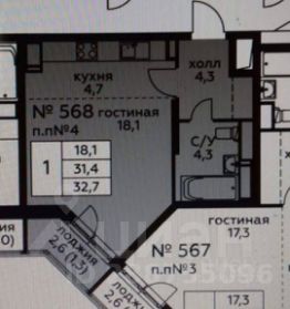 студия, 33 м², этаж 13