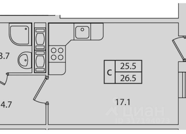 Студия, 25,6 м², 8/17 этаж