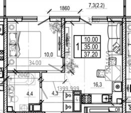 1-комн.кв., 42 м², этаж 12