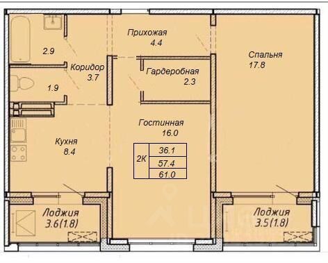 2-комн., 58 м², 15/17 этаж