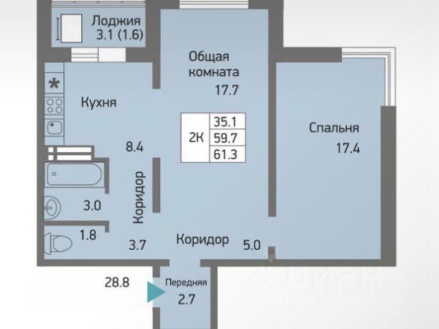 2-комн., 61,3 м², 9/12 этаж