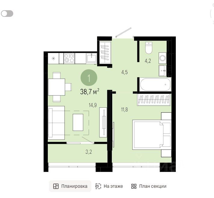 Продается1-комн.квартира,38,7м²