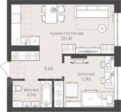 2-комн.кв., 41 м², этаж 2