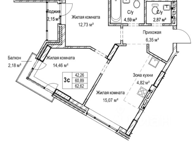3-комн., 61,5 м², 4/10 этаж
