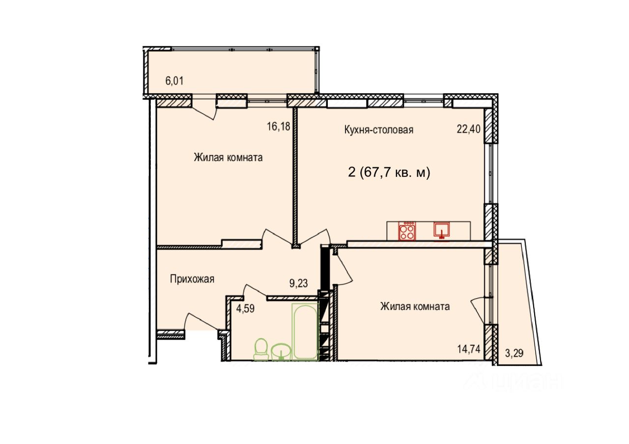 Продается 2-комнатная квартира 67.7 м² в Новосибирске, ЖК 'Золотая Роща'