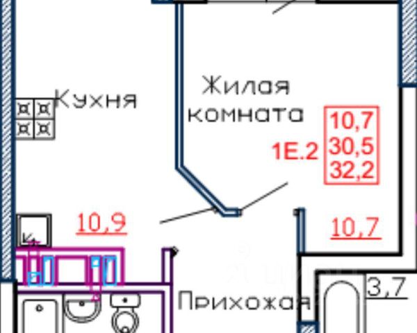 1-комн., 32,2 м², 2/24 этаж