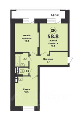 2-комн.кв., 59 м², этаж 4