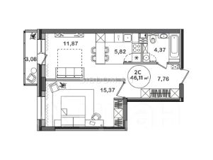 2-комн.кв., 46 м², этаж 17