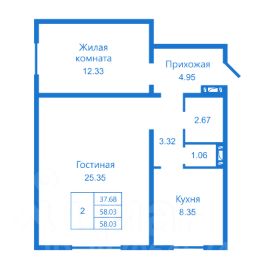 2-комн.кв., 58 м², этаж 1