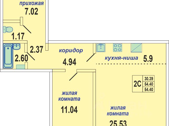 2-комн., 54,3 м², 5/10 этаж