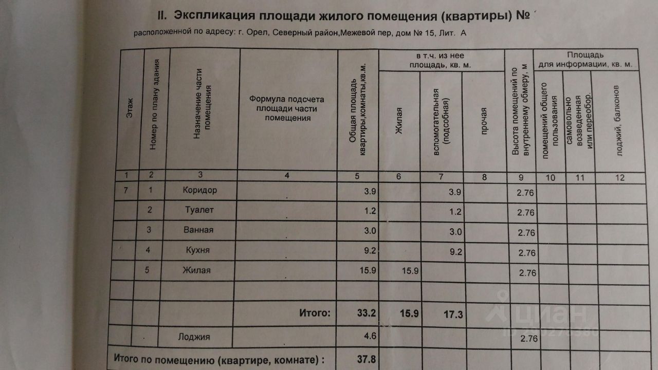 Купить однокомнатную квартиру 37,8м² Межевой пер., 15, Орел, Орловская  область - база ЦИАН, объявление 290278380