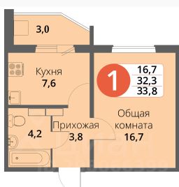 1-комн.кв., 34 м², этаж 14