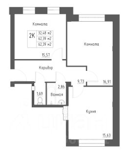 2-комн.кв., 62 м², этаж 1