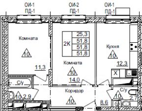 2-комн.кв., 52 м², этаж 4