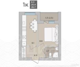 1-комн.кв., 27 м², этаж 1
