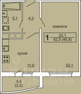 1-комн.кв., 43 м², этаж 16