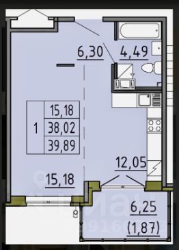 1-комн.кв., 39 м², этаж 3