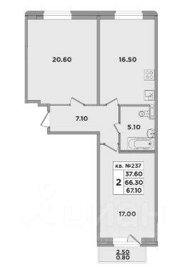 2-комн.кв., 67 м², этаж 1