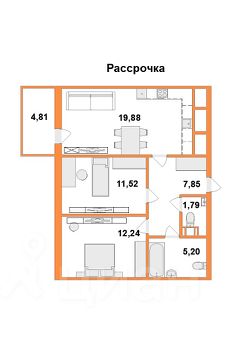 2-комн.апарт., 60 м², этаж 3