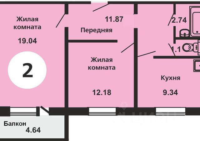 2-комн., 56,2 м², 2/10 этаж