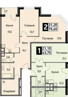 2-комн.кв., 77 м², этаж 1