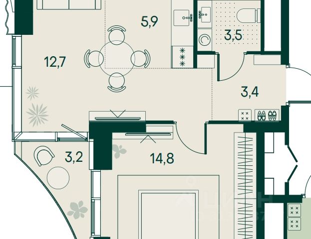 1-комн., 41,8 м², 2/22 этаж