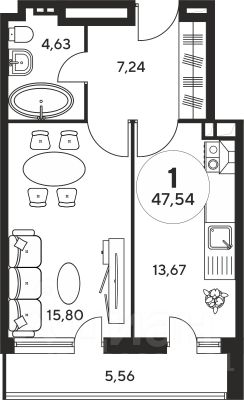 1-комн.кв., 48 м², этаж 3