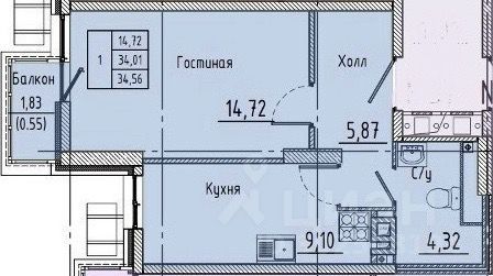 1-комн., 34 м², 7/26 этаж