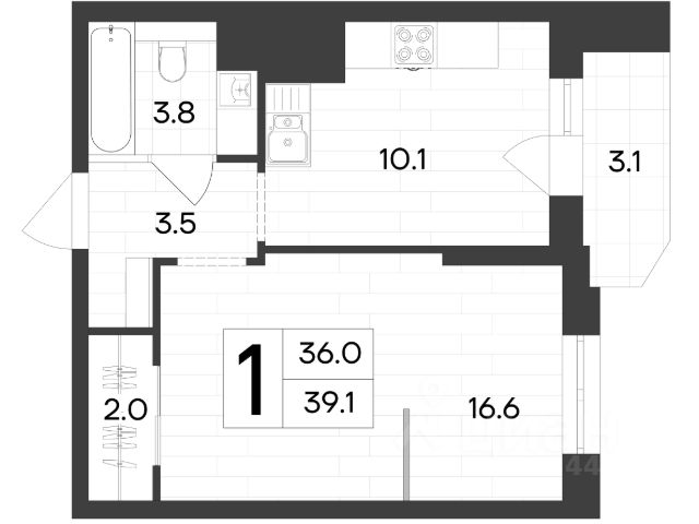 1-комн., 36 м², 9/17 этаж