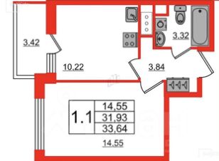 1-комн.кв., 34 м², этаж 3