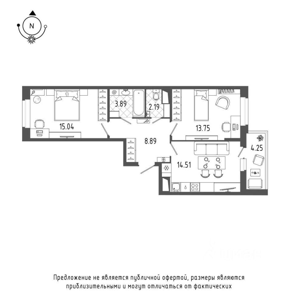 Продажа двухкомнатной квартиры 61,3м² Бокситогорская ул., 33,  Санкт-Петербург, м. Ладожская - база ЦИАН, объявление 303857875