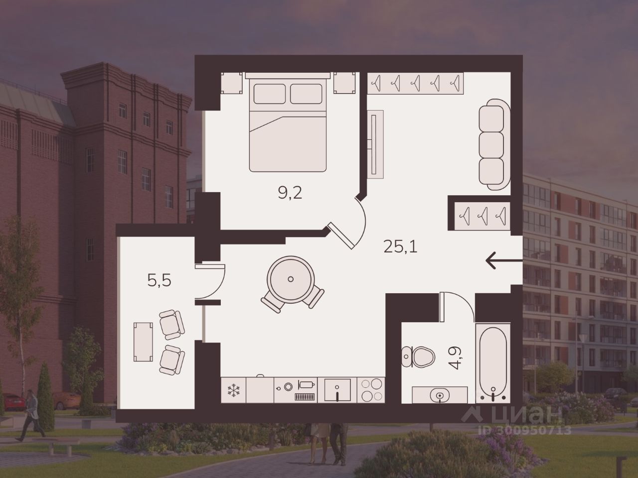 Продажа однокомнатной квартиры 44,7м² Черниговская ул., 13к2,  Санкт-Петербург, м. Московские ворота - база ЦИАН, объявление 300950713