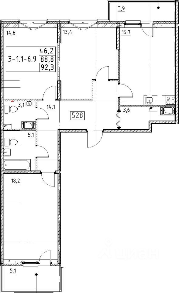 Продается3-комн.квартира,94,1м²