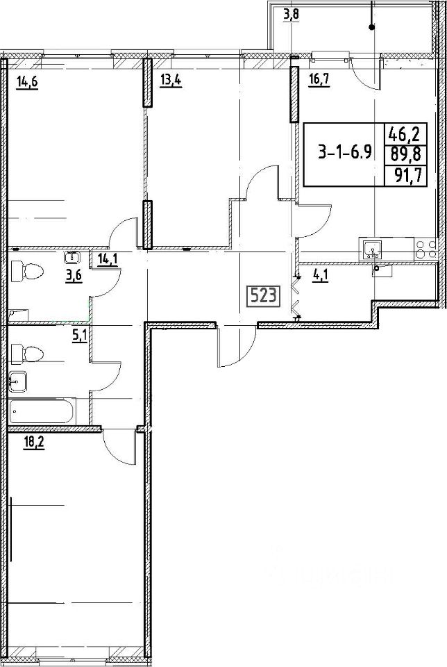 Продается3-комн.квартира,94м²