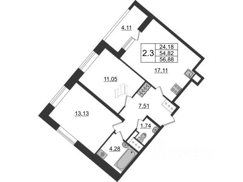 Продается2-комн.квартира,54,82м²