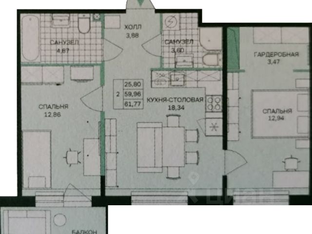 2-комн., 59,5 м², 8/15 этаж