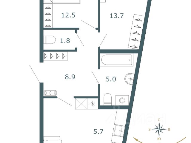 2-комн., 62,9 м², 2/15 этаж