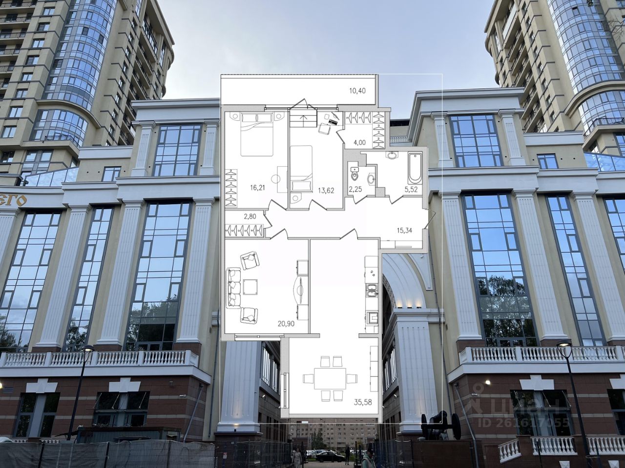 Купить трехкомнатную квартиру 124,4м² Московский просп., 183-185, Санкт- Петербург, м. Московская - база ЦИАН, объявление 261617055