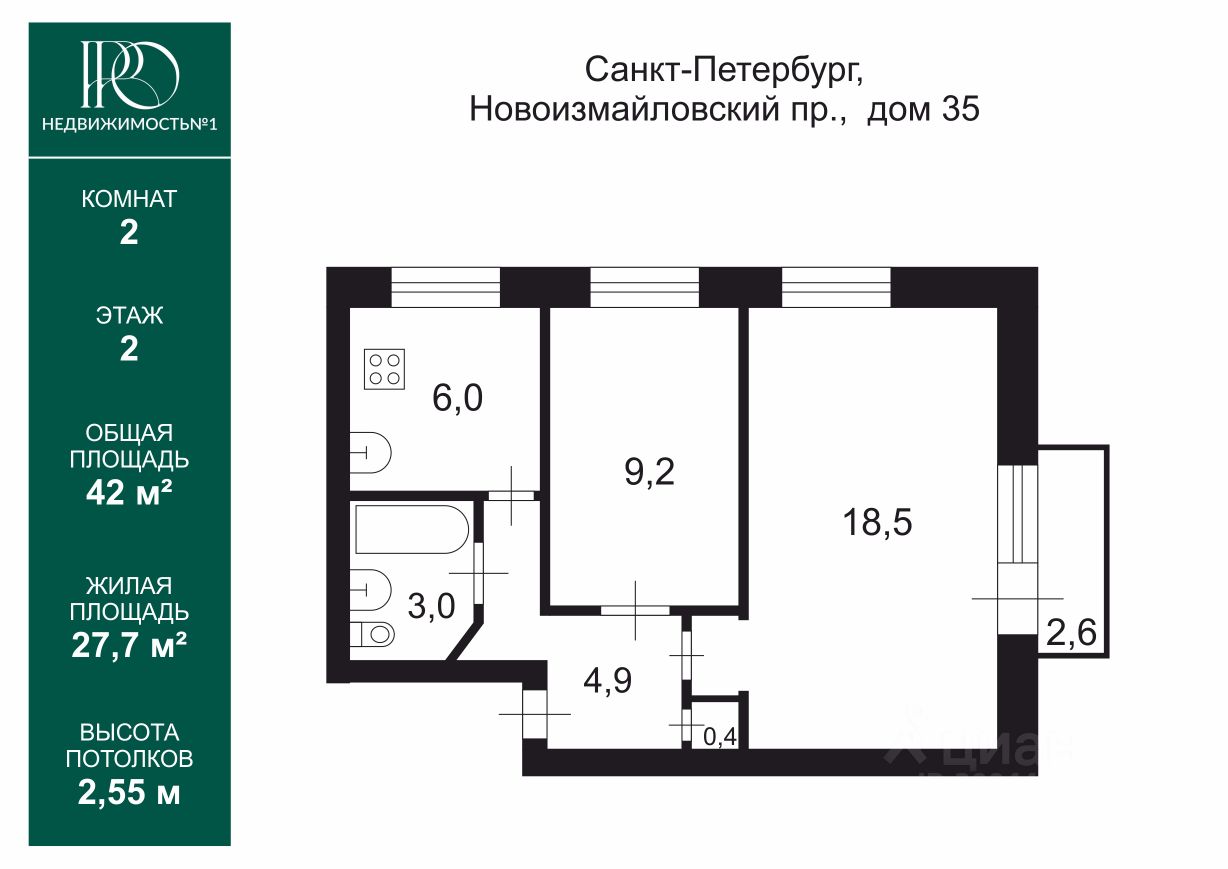 Продажа двухкомнатной квартиры 42м² Новоизмайловский просп., 35,  Санкт-Петербург, м. Парк Победы - база ЦИАН, объявление 300447277