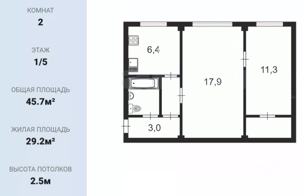 Купить двухкомнатную квартиру 45,7м² Полюстровский просп., 25,  Санкт-Петербург, м. Выборгская - база ЦИАН, объявление 300865929