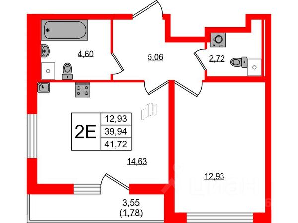 1-комн., 41,7 м², 1/16 этаж