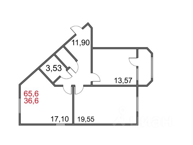 2-комн., 65,6 м², 13/13 этаж