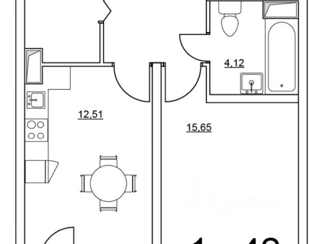 1-комн., 42 м², 2/9 этаж