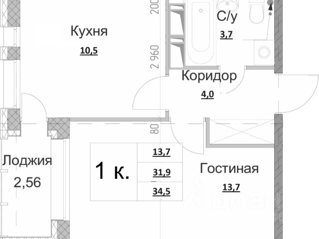 1-комн., 34,5 м², 1/13 этаж